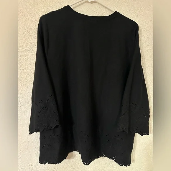 J. Jill Top Women Black 100% Cotton Pullover Embroidered Hem And Sleeves Size L - Picture 3 of 7